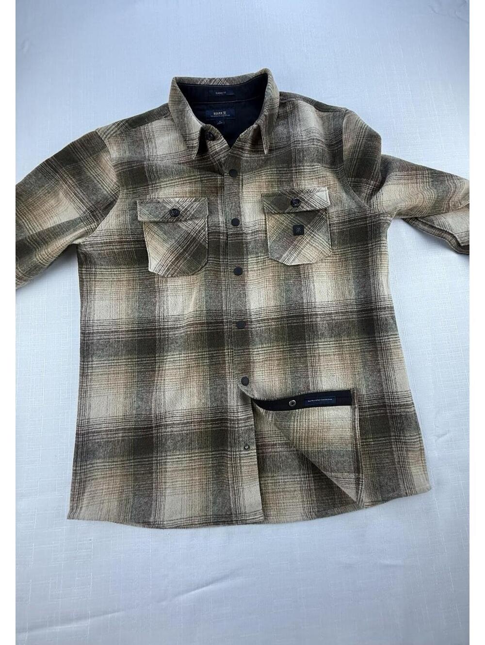 Roark Plaid Wool Blend Shirt Jacket Mens Large Brown Green Snap Front